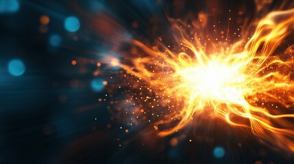 Obraz premium Abstract burst of energy with vibrant orange and blue particles on dark background.