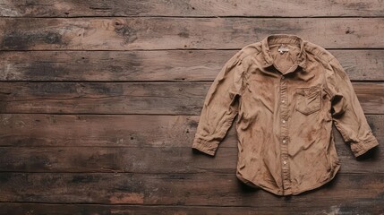 Fototapeta premium Vintage shirt covered in dust and emitting a musty odor, found in a forgotten box, neglect, aged clothing