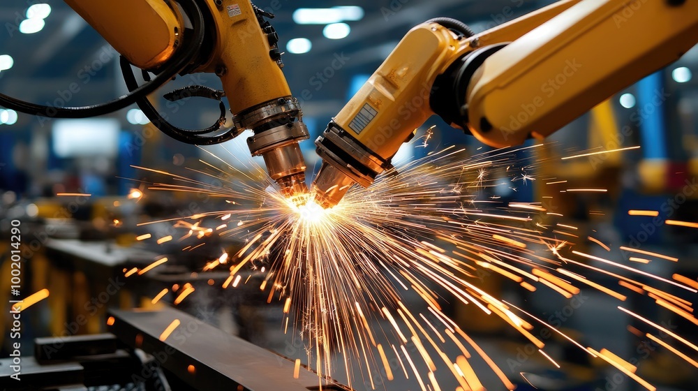 Poster industrial robots creating sparks in modern factory