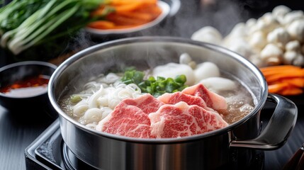Delicious Hot Pot with Fresh Ingredients and Steam