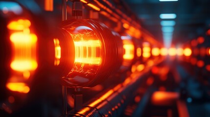 Fototapeta premium Close-up of industrial machinery with glowing orange lights on a dark background.