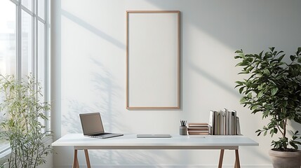 A contemporary home office with a vertical framed poster hanging on the wall behind a sleek white desk, a laptop and books neatly arranged, soft sunlight filtering through a large window,