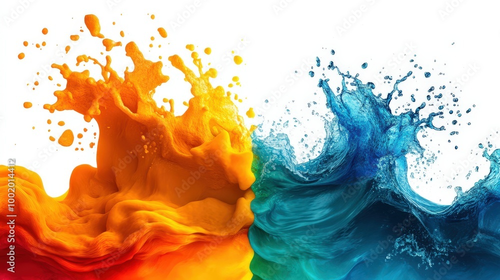 Sticker Colorful splashes of orange and blue liquid on a white isolated background.