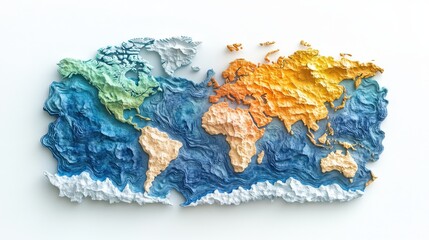Colorful textured world map on a white background, showcasing global geography.