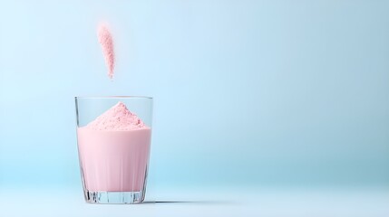 Collagen protein powder. Pouring protein pink powder in a glass