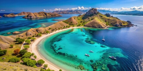 Obraz premium Aerial view of tropical pink beach on Komodo islands with crystal clear ocean water , Komodo Islands, beach