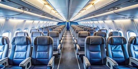 Fototapeta premium Empty airplane cabin interior with rows of seats and overhead compartments, airplane, cabin, interior, empty