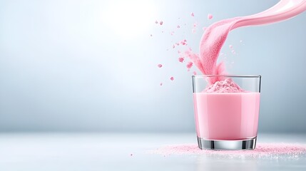 Collagen protein powder. Pouring protein pink powder in a glass