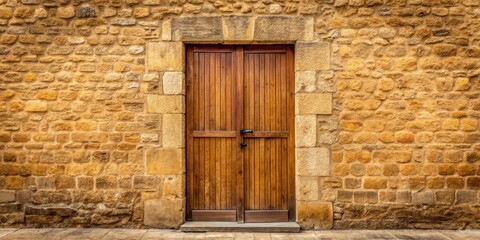 Vintage wooden door closed in front of a sandstone wall , vintage, wooden door, closed, sandstone, wall, facade
