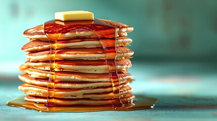 A dynamic shot of a stack of pancakes levitating slightly off-kilter, with syrup and butter melting in mid-air, set against a pastel blue background.