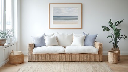 A cozy beach house living room with woven furniture, a coastal-themed framed artwork on the wall, white and blue decor, soft natural light from large windows,