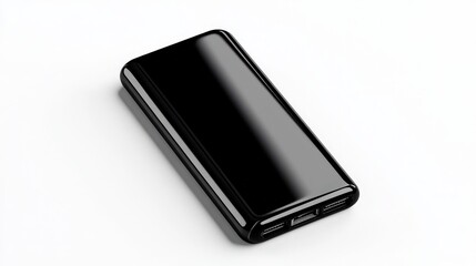 Portable black power bank on a white isolated background.