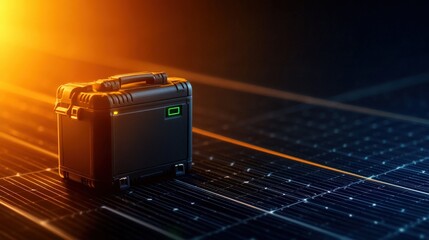 Solar energy suitcase on solar panels, illuminated by soft sunset light.