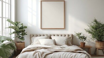 A cozy bedroom with a large framed artwork above a tufted bed, warm natural light filtering through the windows, soft blankets and pillows, potted plants, and wooden furniture adding a natural,