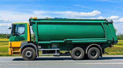 A green garbage truck parked by the roadside under a blue sky.
