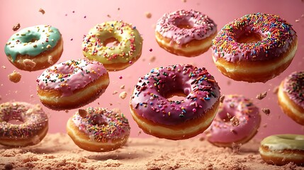 A dynamic shot of colorful frosted donuts levitating, each donut featuring unique sprinkles and toppings, set against a pastel pink background. The donuts are captured in mid-motion,