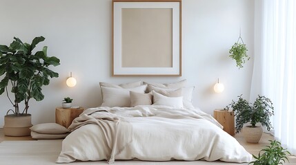 A cozy bedroom with soft lighting, a large framed artwork hung above a plush bed, soft blankets and pillows in neutral tones, surrounded by indoor plants and natural wood accents,