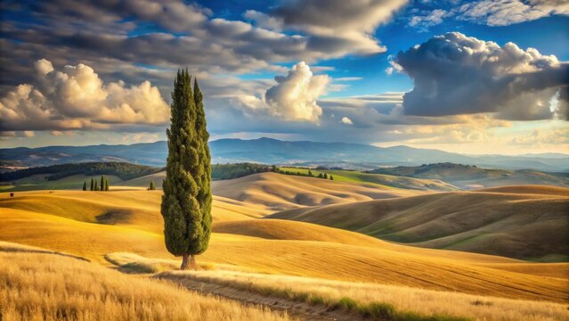 Tall cypress tree overlooking golden rolling hills under a partly cloudy sky, with distant mountains