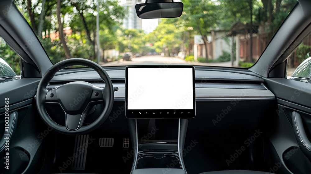 Poster LED display with a blank screen located on the drivers side of an EV dashboard surrounded by a minimalistic interior design with high-end material finishes Large space for text in center Stock Photo