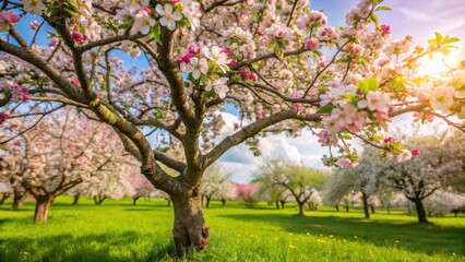 Obraz premium Beautiful apple tree blossom in spring, apple tree, blossom, spring, pink, flowers, nature, garden, blooming, petal