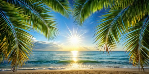 Fototapeta premium Sun shining over the ocean, framed by palm leaves, sun, sea, ocean, palm leaves, tropical, vacation, paradise, relaxation