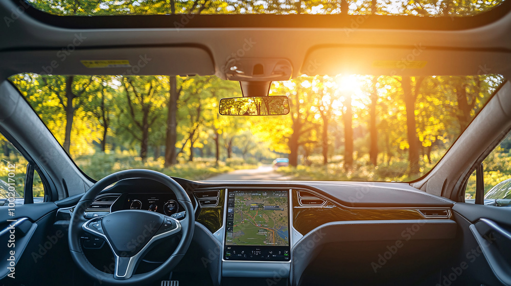 Fototapete front-seat perspective of an electric vehicle showcasing a blank led panel display touchscreen contr