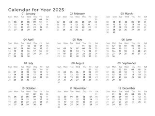 2025 Landscape Black and White Calendar. 2025 Horizontal Black and White Calendar Template. 