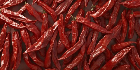 Fototapeta premium Dried red chili peppers scattered on a surface, creating a vibrant and spicy backdrop.