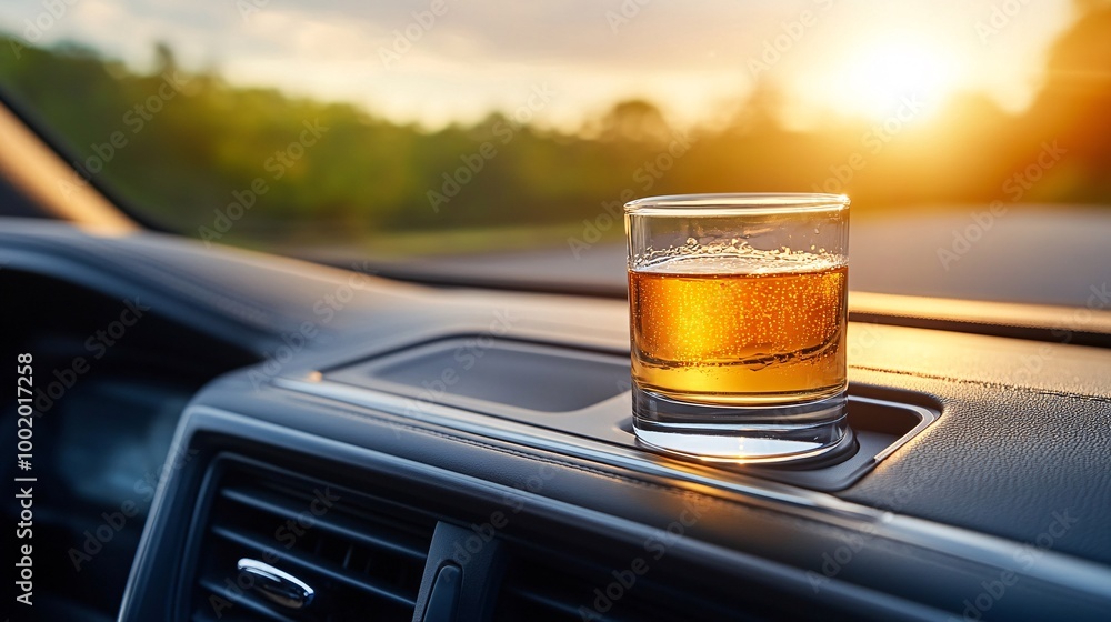 Aufkleber Car dashboard with a half-empty glass of alcohol on the console creating a visual metaphor for impaired driving and risk Large space for text in center Stock Photo with copy space