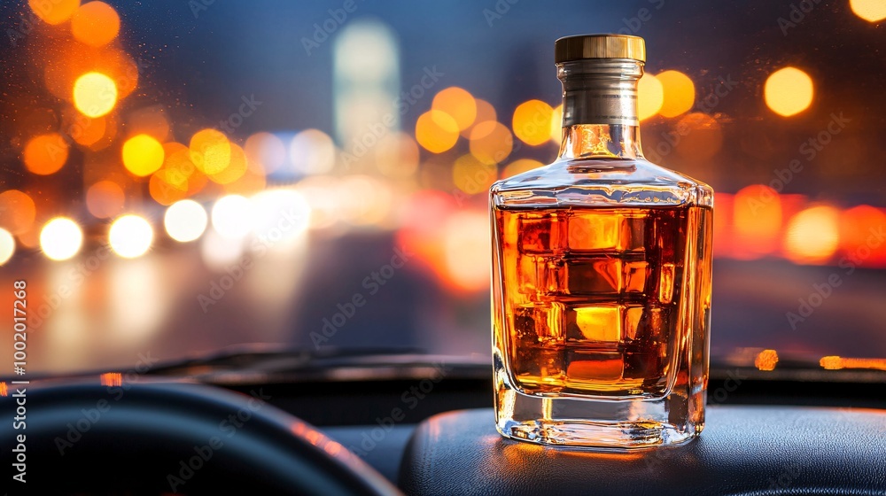 Poster Drivers seat view of a steering wheel with a bottle of liquor in focus and city lights blurred in the background Large space for text in center Stock Photo with copy space