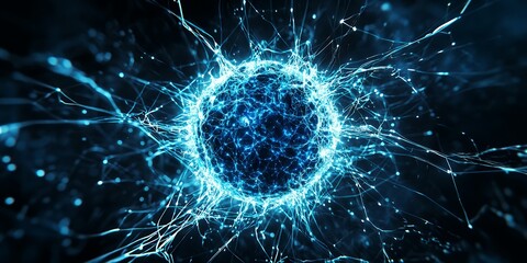 Abstract blue sphere with glowing light streams.