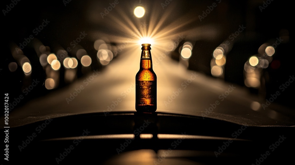 Poster Shadow of a beer bottle falling over a steering wheel in a dark parking lot emphasizing the dangers of drinking and driving Large space for text in center Stock Photo with copy space