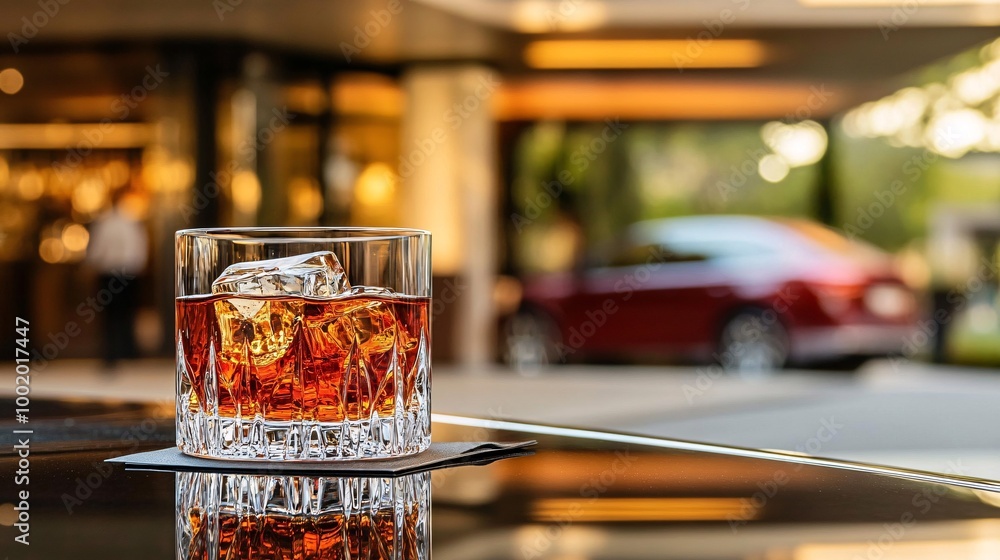 Aufkleber car parked outside a bar entrance with a glass of whiskey placed on the hood representing the tempta