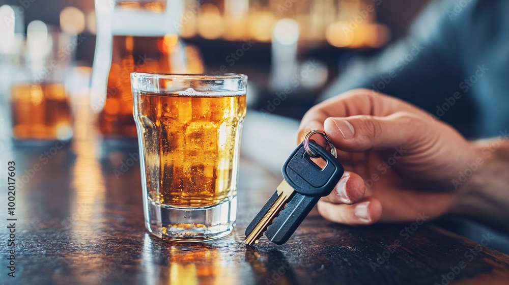 Poster Mans hand holding a car key next to a shot glass on a bar counter suggesting the intention to drive after drinking Large space for text in center Stock Photo with copy space