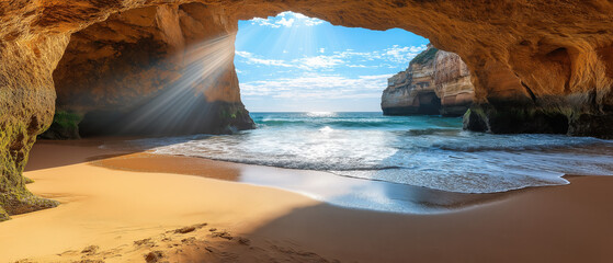 A serene beach scene viewed through a rocky cave, featuring sparkling water and sunlight streaming into the sandy area.