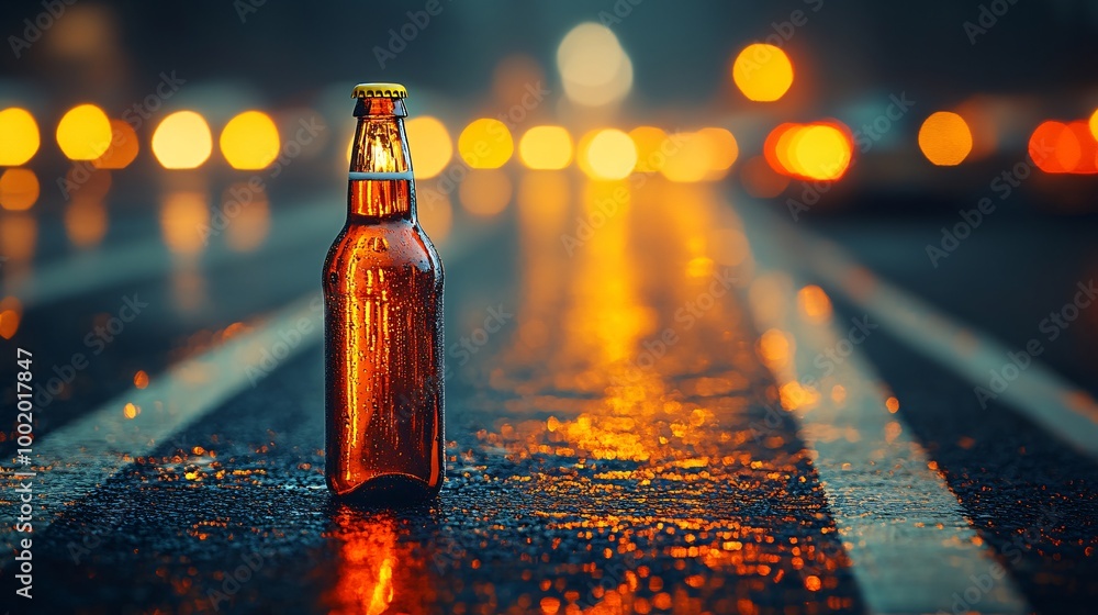 Poster Empty highway at night with a beer bottle left on the side of the road symbolizing abandoned caution Large space for text in center Stock Photo with copy space