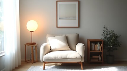 A cozy reading nook with a comfortable armchair, a small bookshelf beside it, a framed picture on the wall, warm lighting from a nearby lamp, and natural sunlight streaming in from a nearby window,