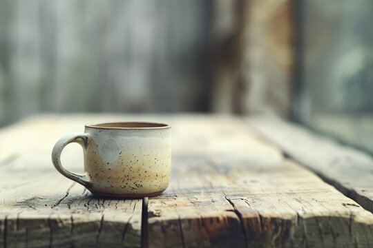 A Handmade Ceramic Cup on a Wooden Table. Symbolizing a Simple Lifestyle with Warm Textures that Highlight the Beauty of Everyday Life