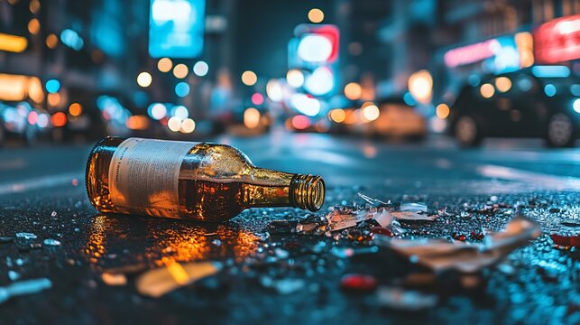 Car headlights shining on a broken bottle of liquor in the street emphasizing the aftermath of dangerous decisions Large space for text in center Stock Photo with copy space