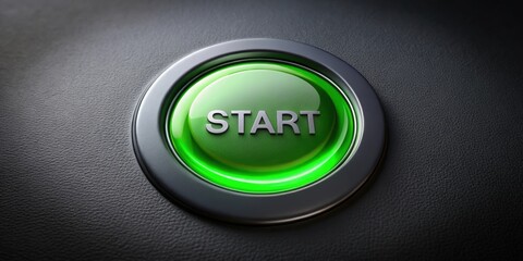Green start button on dark background symbolizing beginning or initiation, start, push, beginning, initiation, launch