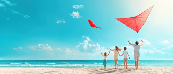 A family enjoys a sunny beach day, flying a red kite against a clear blue sky, creating joyful memories by the ocean.
