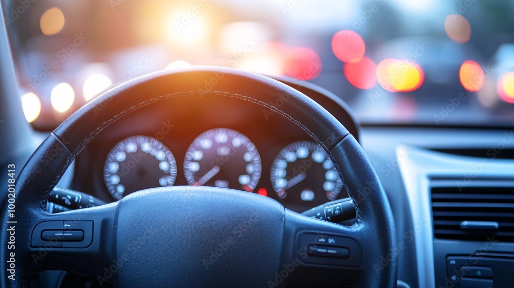 Poster close-up of a drivers face looking at the phone screen with the steering wheel in focus illustrating
