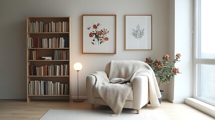 A cozy reading space with a comfortable armchair, a bookshelf full of books, framed artwork on the wall, a soft blanket draped over the chair, warm ambient lighting,