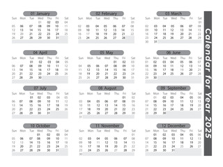 2025 Landscape Black and White Calendar. 2025 Horizontal Black and White Calendar Template. 