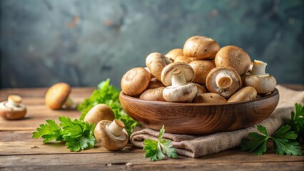 Fresh raw champignons on a bright background, also known as button mushrooms, vegan, protein, healthy, food, ingredient, fungi