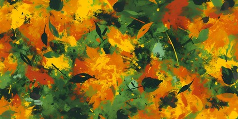 Abstract painting with vibrant hues of orange, yellow, and green.
