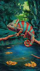 detailed colored illustration of a chameleon  , vintage poster style.