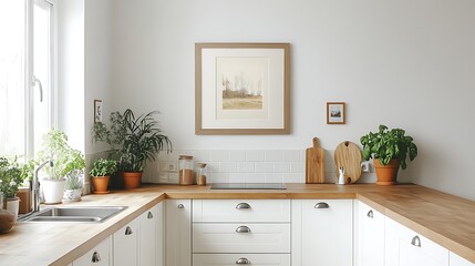 A farmhouse-style kitchen with a framed artwork hanging on the wall, wooden countertops, white cabinets, natural light streaming in from a large window, potted plants adding greenery,