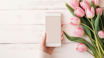 白色木质乡村背景上的粉郁金香