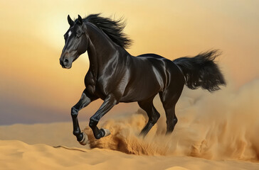 Obraz premium A black horse with a flowing mane galloping through the desert